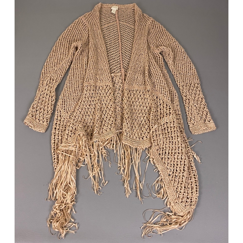 Chicos Open Knit Cardigan Size 1 M/L Fringe Mesh Knit Hem Metallic Gold Tan Long